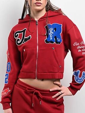 True Religion Red Hooded Cropped Zip Jacket